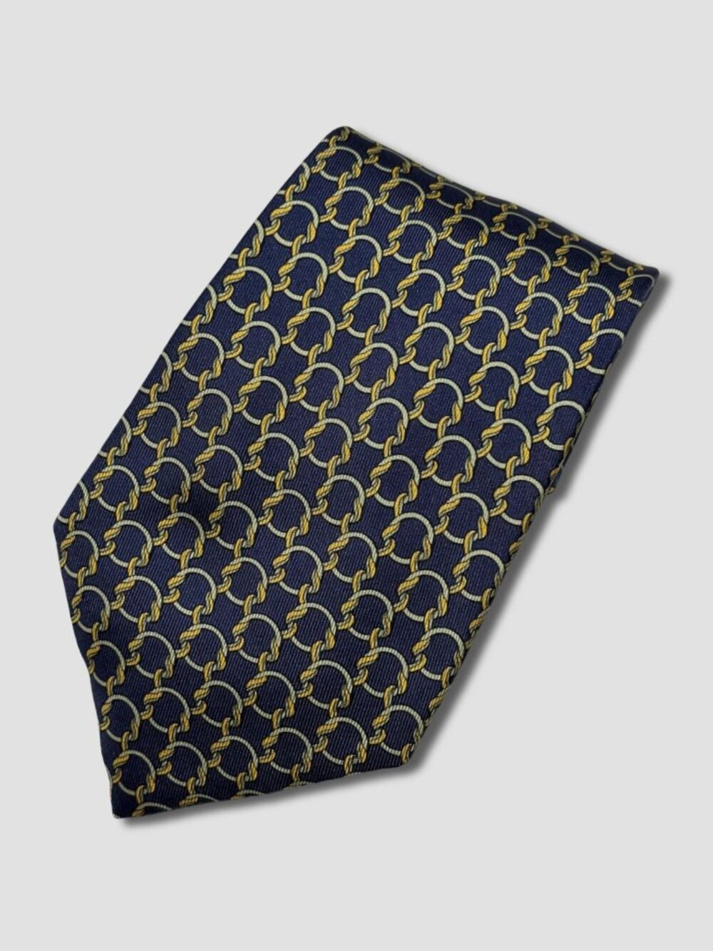 HERMES Navy Yellow Circle Link Pattern Silk Tie